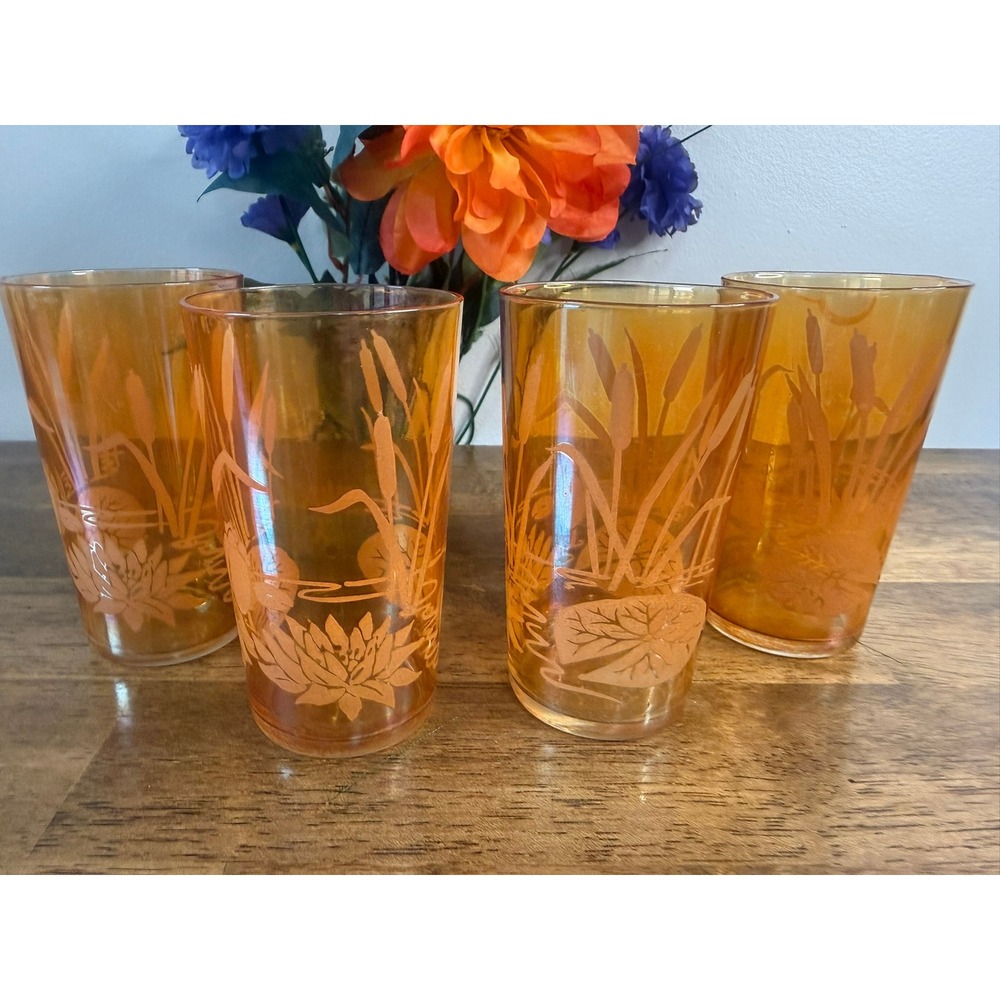 Vintage Amber Marsh Scene Highball Glasses Set 4 Etched Heron Cattail Tumblers